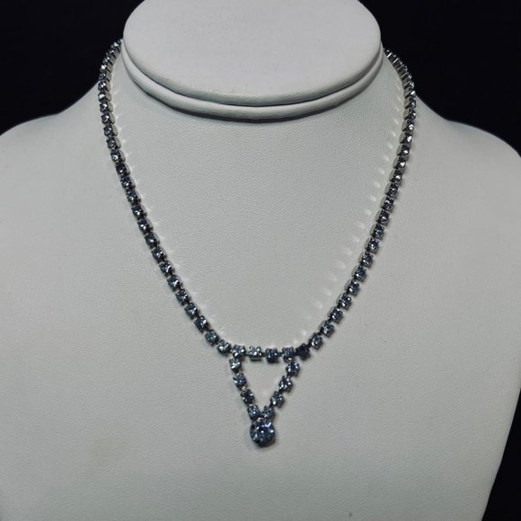 Silver Tone And Blue Rhinestone Choker Necklace (4869) - Picture 1 of 7